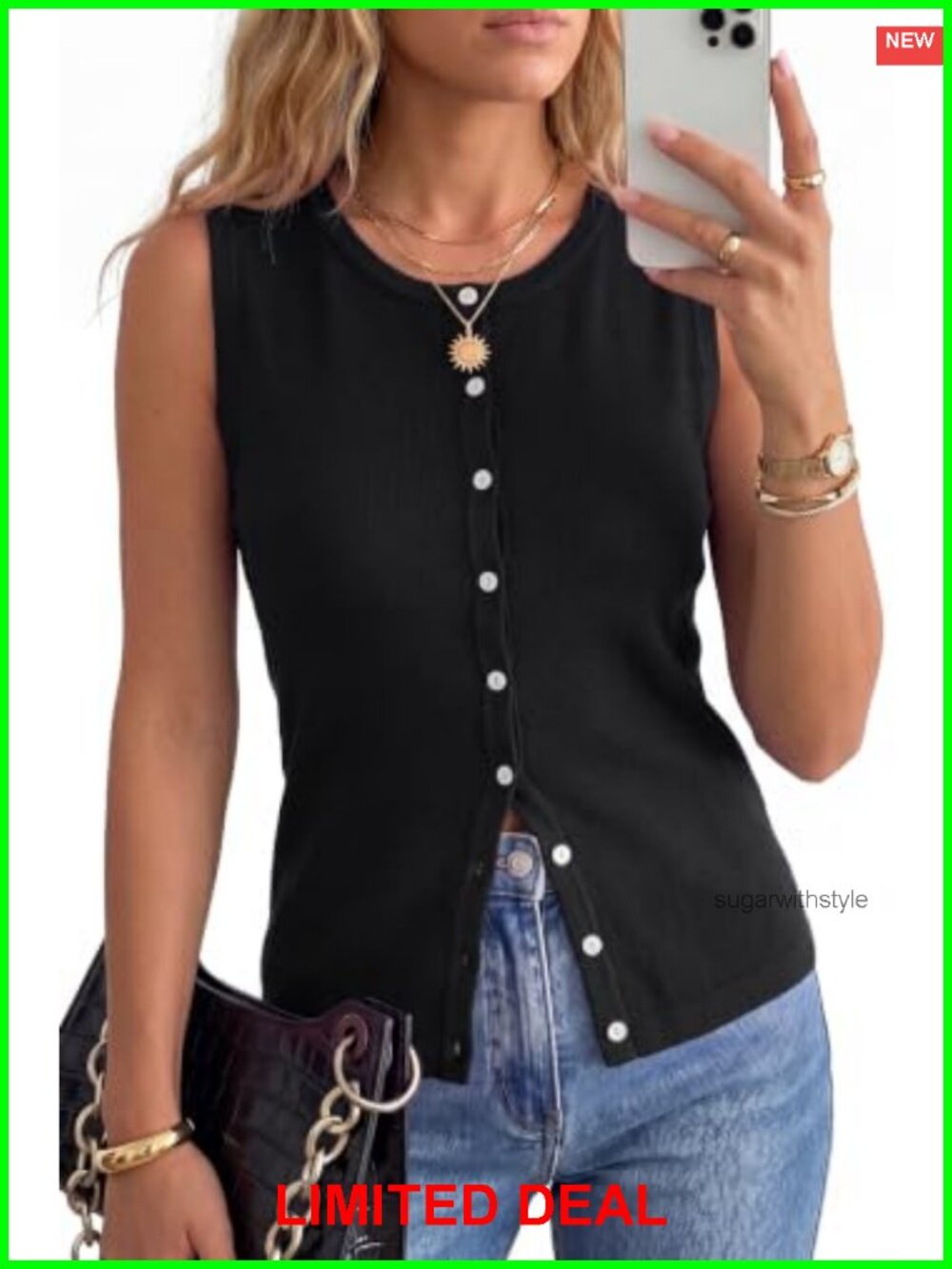 Wool Blend Button Down Tank Top Sleeveless Crewneck Business Casual